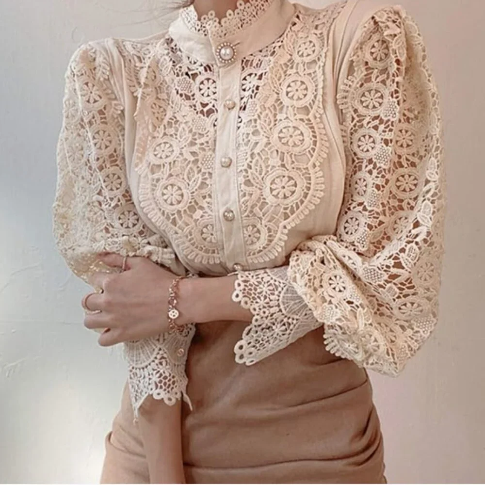VICTORIAN BEAUTY Crochet Lace Mock Neck Pearl Button Down Blouse NEW